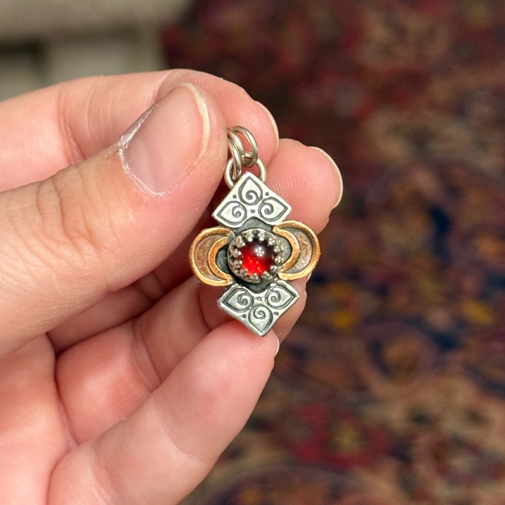 Handcrafted Two-Tone Silver & Copper Pendant with Red Garnet Stone